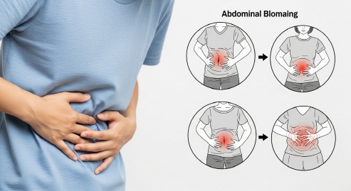 배를 만지며 불편함을 느끼는 사람