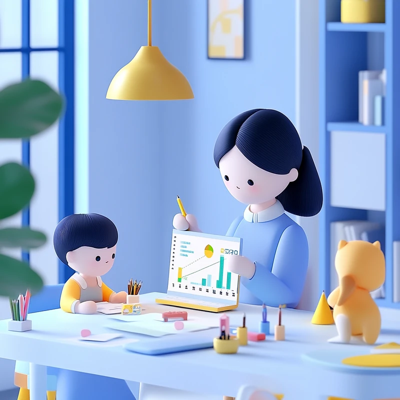 워킹맘이 가족과 함께 있는 집에서 연금저축 나스닥100 ETF 투자 포트폴리오 그래프를 노트북으로 확인하며 미래 자산 곡선을 예측하는 모습, 연금, 미국주식, 시뮬레이션, 투자전략, 자산관리 키워드가 연관됨