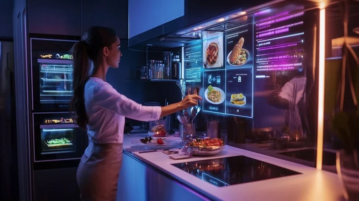 A modern smart refrigerator with advanced technology features in a contemporary kitchen.