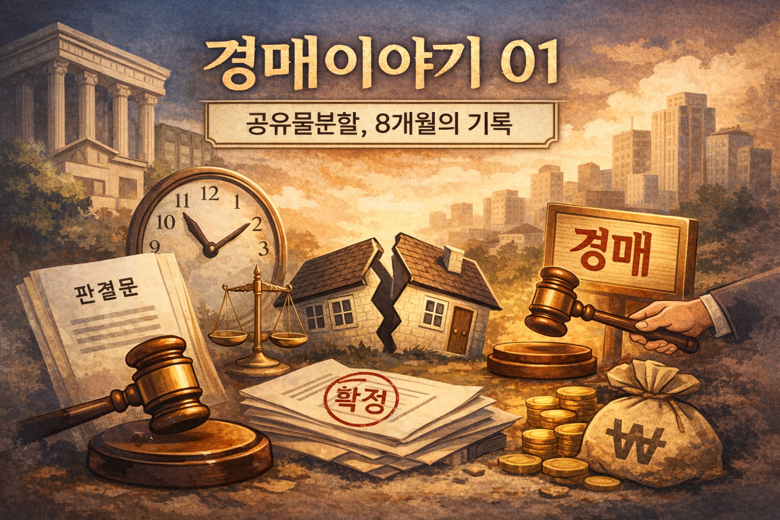 공유물분할 판결과 경매 절차를 상징하는 법원 망치와 부동산 일러스트 이미지