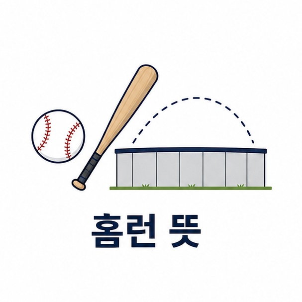 홈런 뜻 대표 이미지, 야구공과 배트, 담장을 넘어가는 타구 궤적을 그린 일러스트