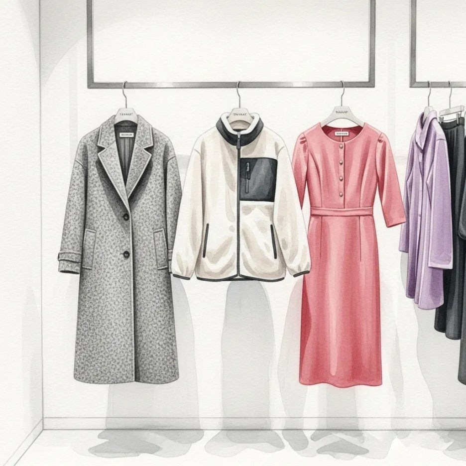 미니멀하게 진열된 타낫 의류 컬렉션의 모습