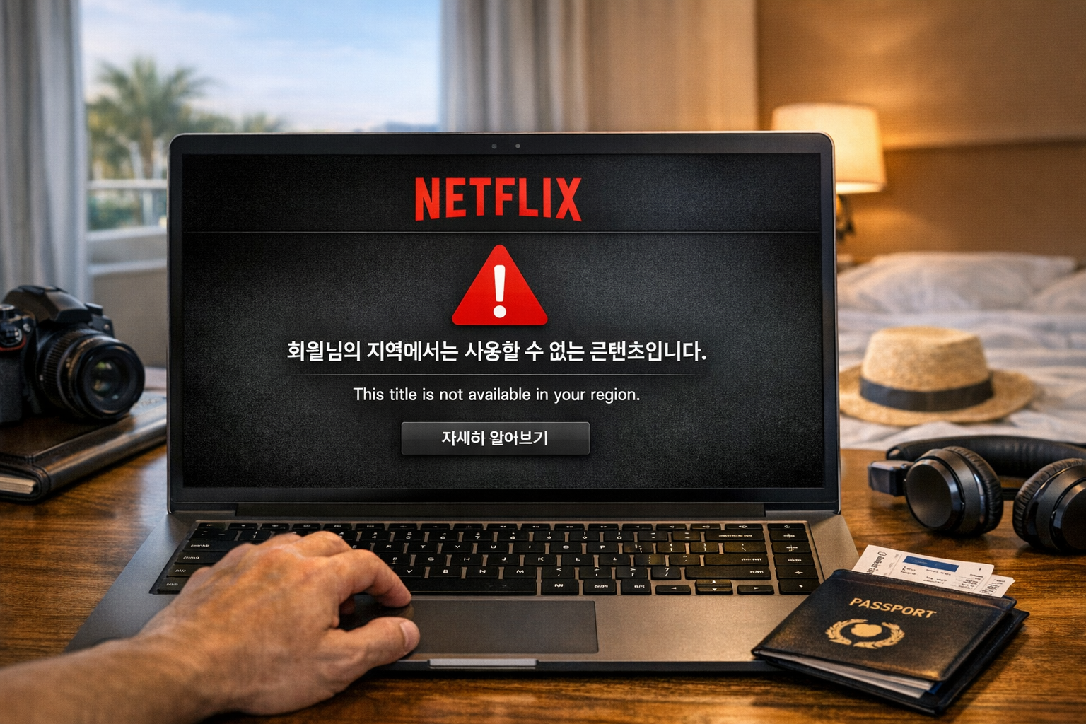 해외에서 넷플릭스 지역 제한 오류 화면
“회원님의 지역에서는 사용할 수 없는 콘텐츠입니다.”
海外で表示されるNetflixの地域制限エラー画面
「この地域ではご利用いただけないコンテンツです。」
Netflix region-restricted error screen when accessed abroad
“This title is not available in your region.”