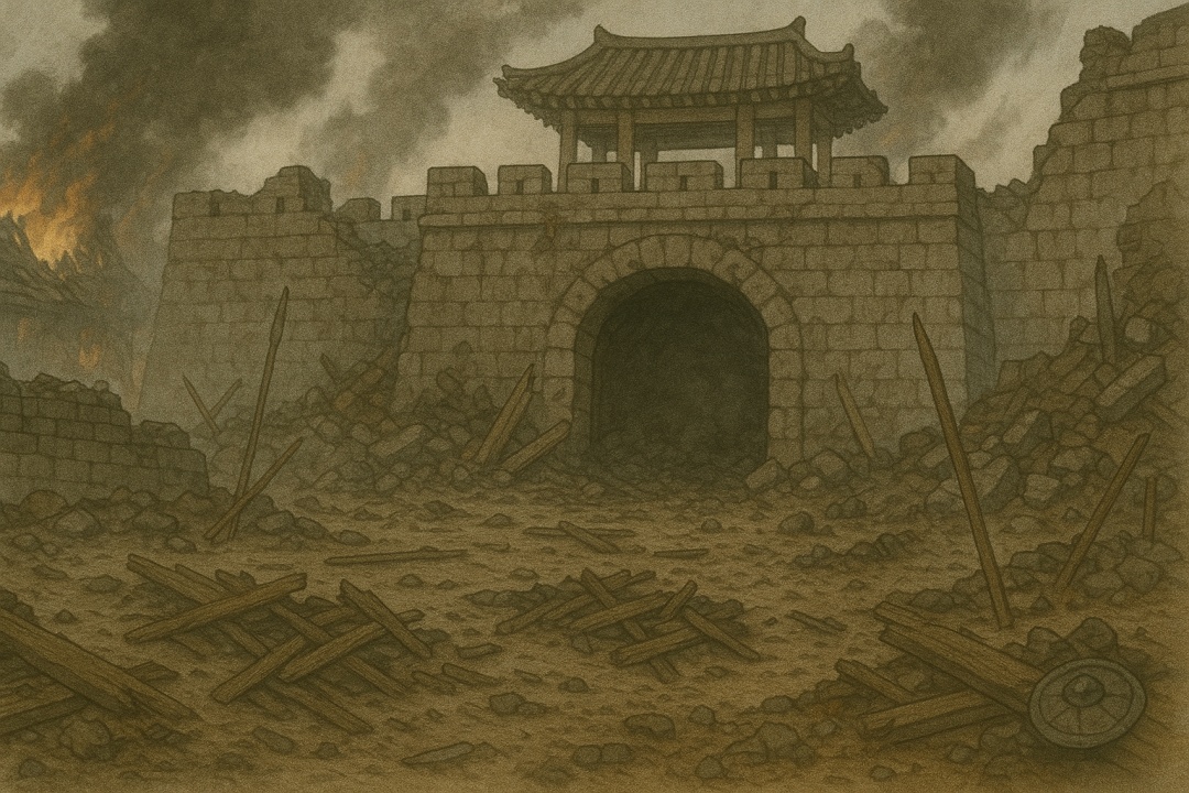 고구려 멸망의 느낌으로 함락된 성벽의 애니스타일 이미지