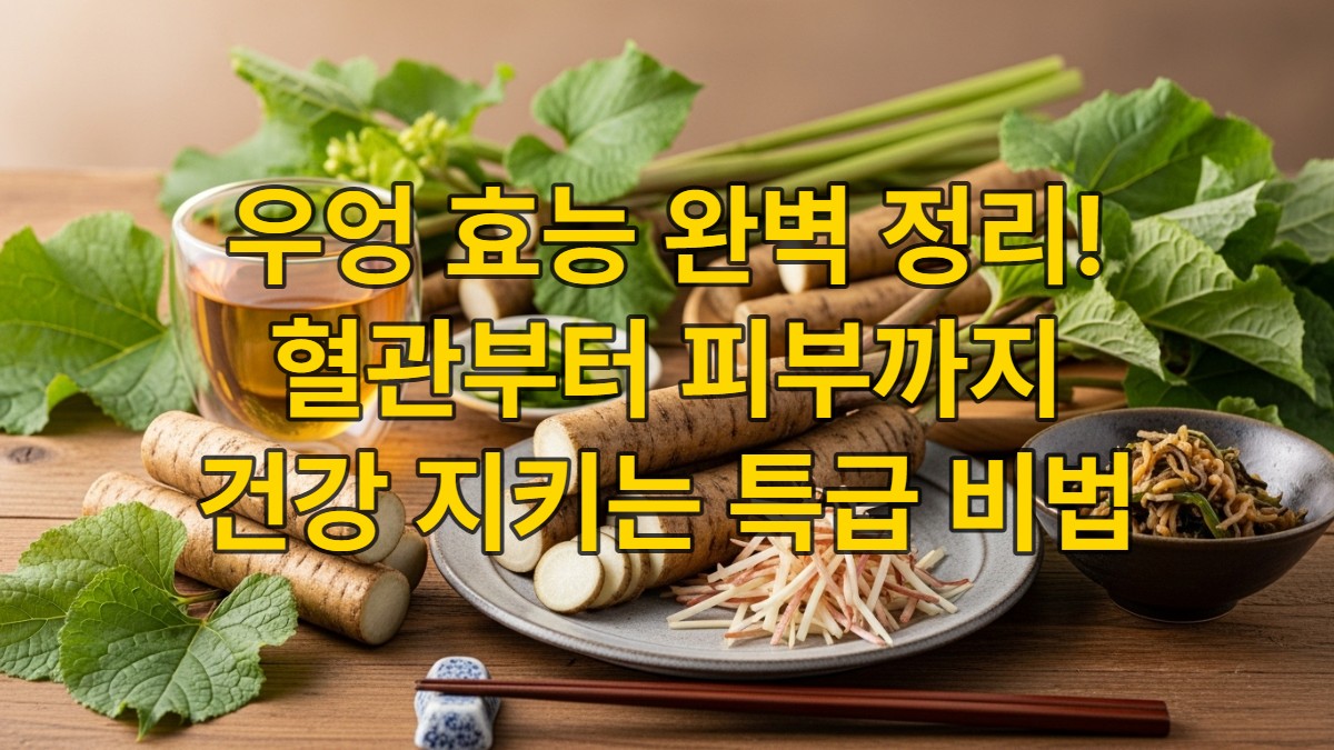 신선한 우엉 뿌리와 이를 활용한 건강한 음식들(우엉차, 우엉조림)이 정갈하게 놓여 있어 혈관, 장, 피부 건강에 좋은 우엉의 다양한 효능을 상징적으로 보여줍니다.