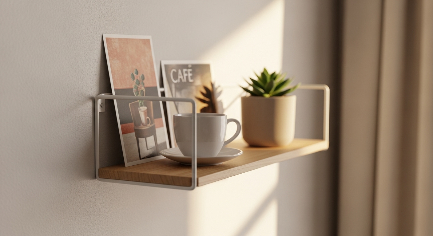 벽에 못 없이 설치된 무타공 선반에 놓인 커피잔, 작은 식물, 엽서가 어우러져 만들어진 아늑한 미니 카페 코너.