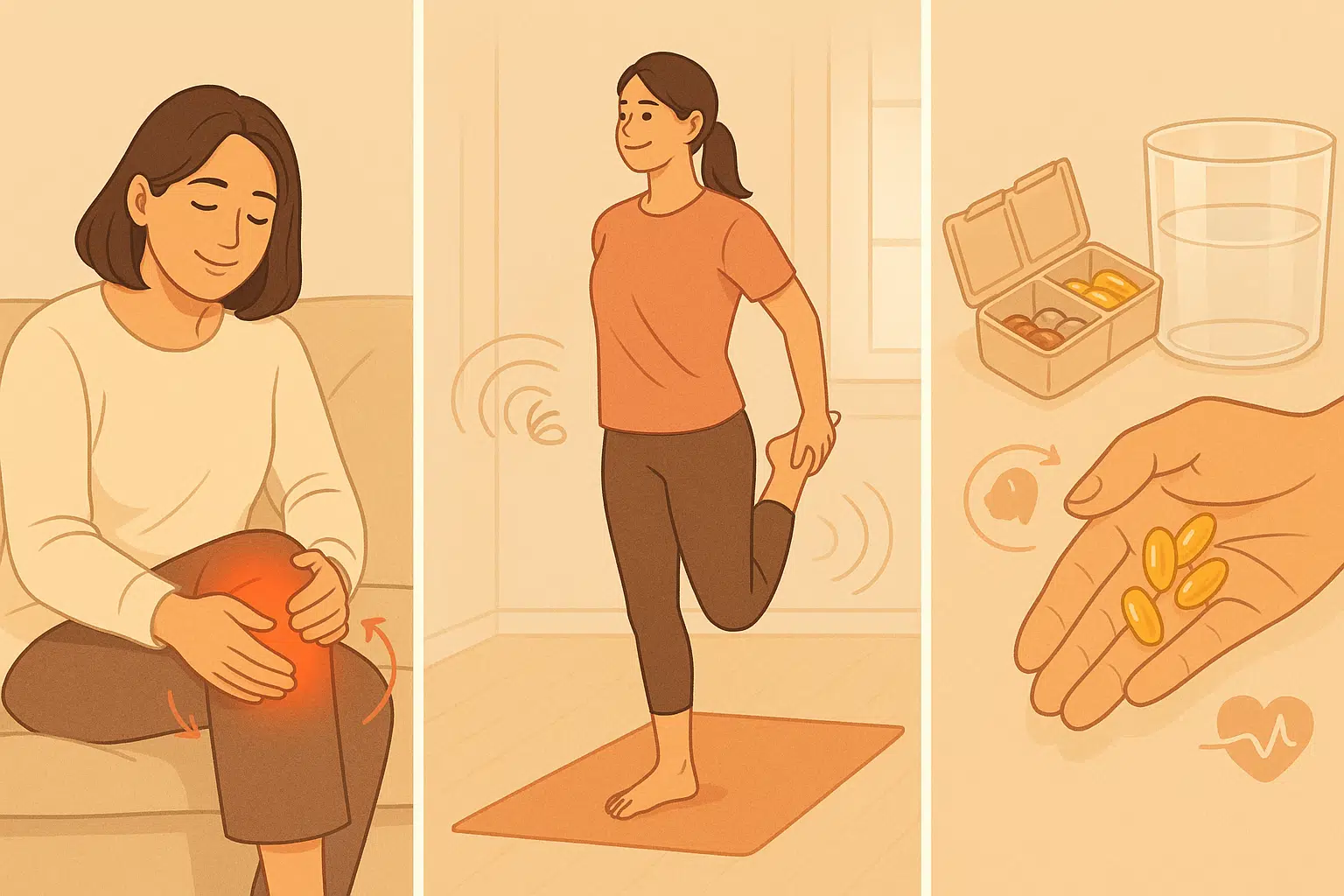 무릎에 온찜질을 하는 사람, 스트레칭하는 장면, 영양제를 챙기는 손, 혈류 순환을 돕는 건강한 라이프스타일