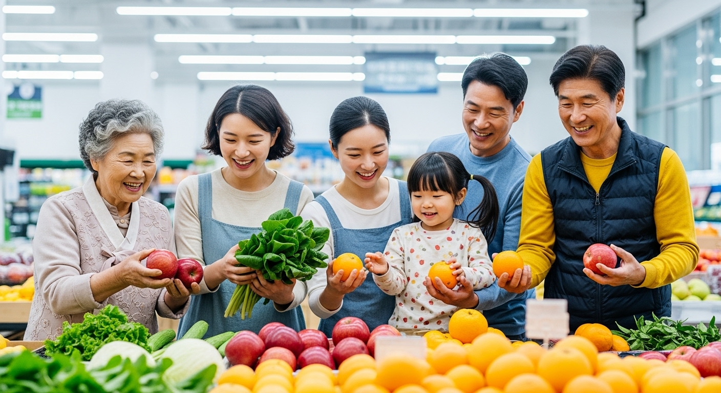 농식품 바우처로 신선한 농산물을 구매하며 행복해하는 다양한 연령대의 사람들