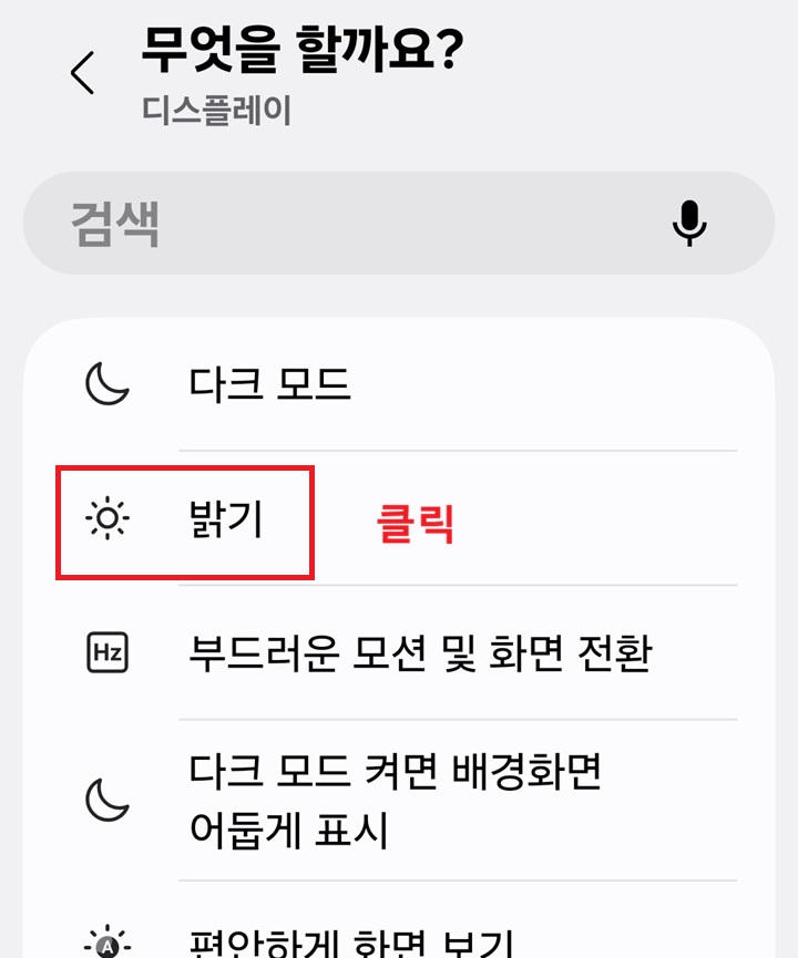 무엇을 할까요? 디스플레이 페이지에 밝기 메뉴 보임