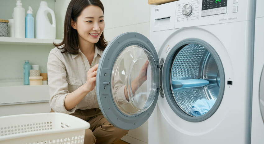 세탁기 통청소 후 만족해 하는 여성