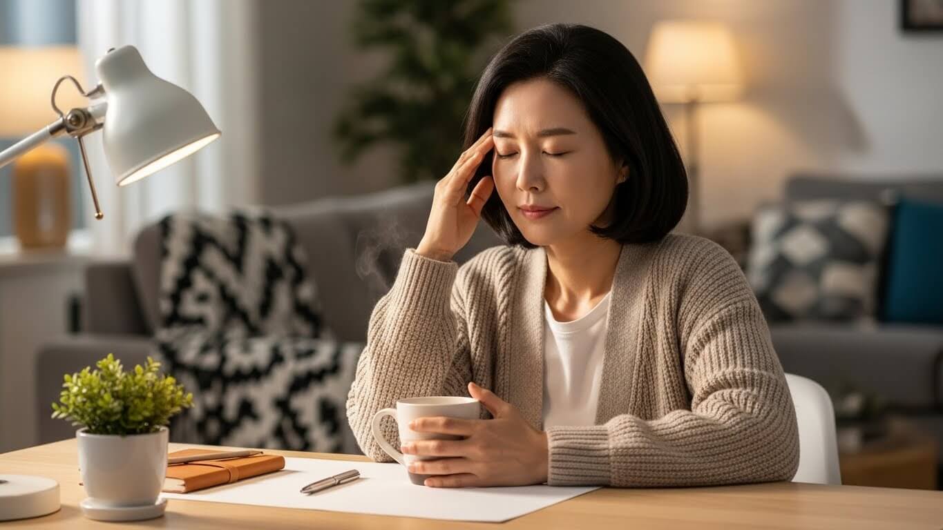 책상 앞에서 따뜻한 음료를 들고 잠시 어지럼을 느끼는 중년 여성의 모습
