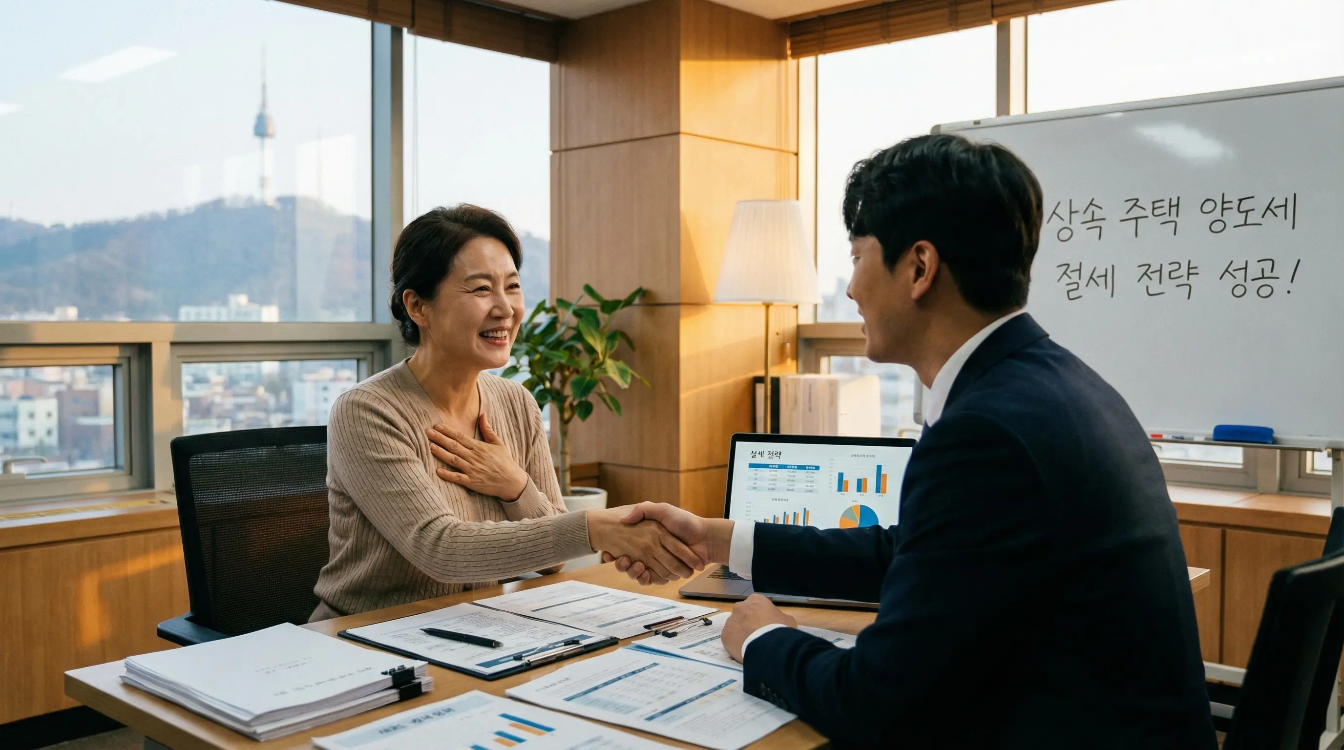 세무 전문가와 상담하여 상속 주택 양도세 절세 전략을 세우고 안도하는 상속인의 모습