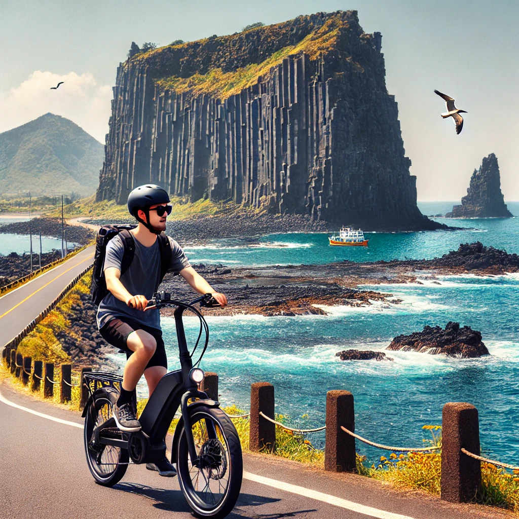 제주에서 전기 자전거 타고 가는 모습