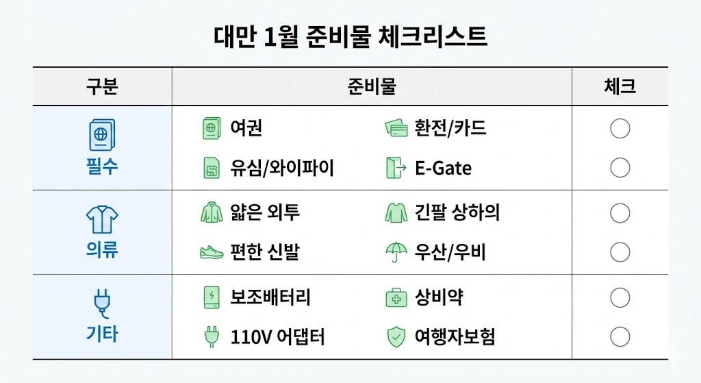 대만 1월 날씨&middot;옷차림&middot;준비물 체크리스트 (2026 최신)｜이 글 하나로 &ldquo;짐 과다&rdquo; 끝