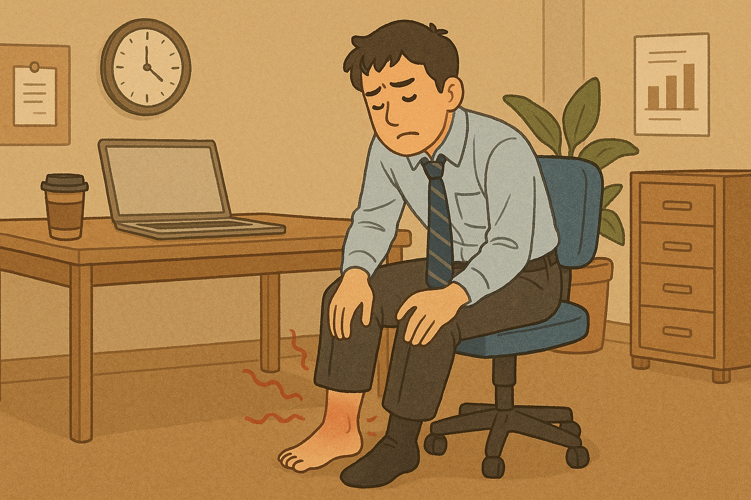 장시간 근무로 인한 다리 부종으로 힘든 직장인