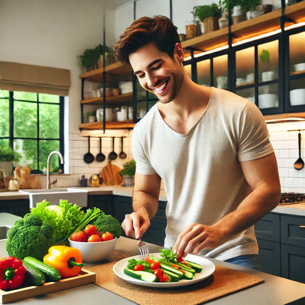현대적인 주방에서 건강한 식사를 준비하며 미소 짓는 젊은 남성의 모습. 다채로운 채소를 담으며 깔끔한 조리대를 배경으로 밝고 상쾌한 분위기를 보여줌