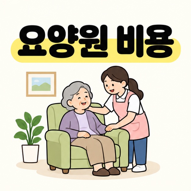 요양원 비용이라는 제목 아래 의자에 앉은 어르신과 일상생활을 돕는 돌봄 직원의 삽화