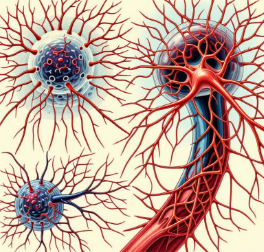 건강한 신경 세포와 다발성 경화증에 의해 손상된 신경 세포를 나란히 비교한 그림. 건강한 신경 세포는 매끈한 수초로 둘러싸여 있고, 손상된 신경 세포는 수초가 벗겨져 있어 신경 섬유가 노출되어 있는 모습.