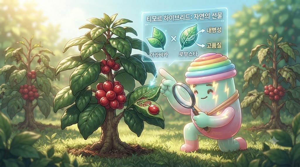 쫀쿠가 동티모르의 무성한 커피 농장에서 다른 나무들과는 확연히 다른 커피나무 하나를 발견하고 놀라고 있습니다. 쫀쿠가 들고 있는 돋보기 아래로, 잎은 로부스타처럼 강인하고 열매는 아라비카처럼 탐스러운 '티모르 하이브리드'의 나뭇잎과 체리가 확대되어 보입니다. 배경에는 병충해에 걸려 시든 다른 커피나무들과 달리 홀로 건강하게 빛나는 티모르 하이브리드 나무가 신비롭게 표현됩니다.