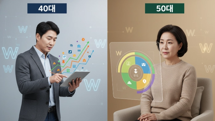40대와 50대 한국인의 IRP 투자 전략을 연령대별로 비교하는 이미지
