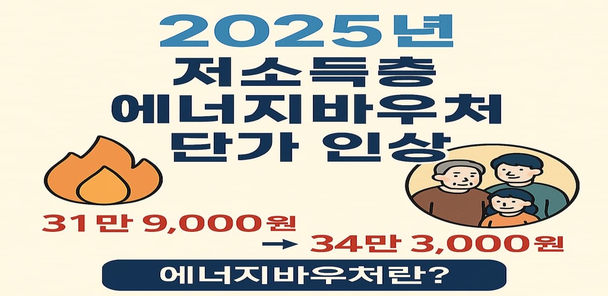 "2025년 저소득층 에너지바우처 단가 인상 안내 이미지, 지원금 인상 수치 포함"