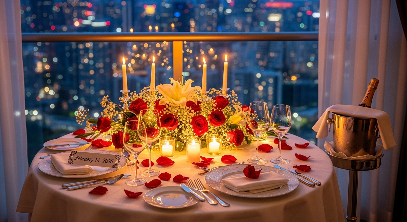 발렌타인데이를 맞이하여 따뜻한 촛불과 고급스러운 샴페인이 세팅된 로맨틱한 분위기의 레스토랑 내부 전경