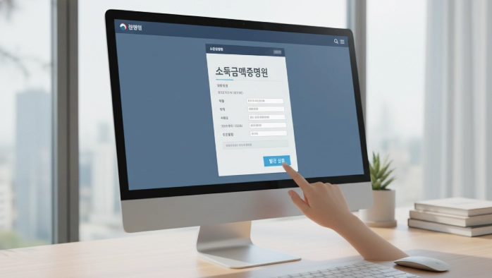 국세청 홈택스에서 소득금액증명원을 발급받는 과정을 보여주는 컴퓨터 화면 이미지.