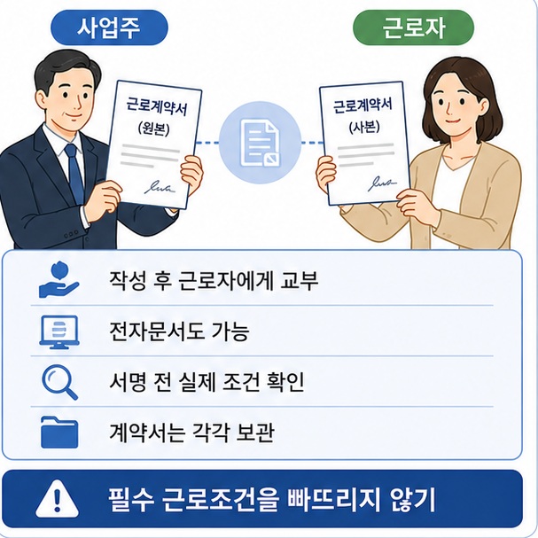 근로계약서를 작성한 뒤 사업주만 보관하는 것이 아니라 근로자에게도 서면이나 전자문서로 교부해 각각 계약 내용을 보관해야 함을 보여 주는 그림