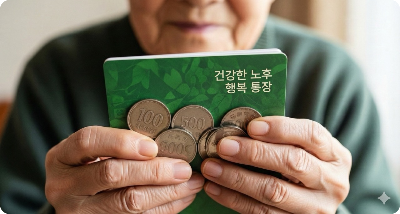 노후의 경제적 안정과 관련된 기초연금, 연금, 일자리 혜택을 상징하는 어르신의 손과 통장.