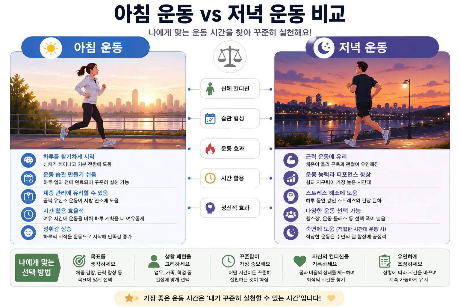 아침 운동과 저녁 운동 비교 그래픽