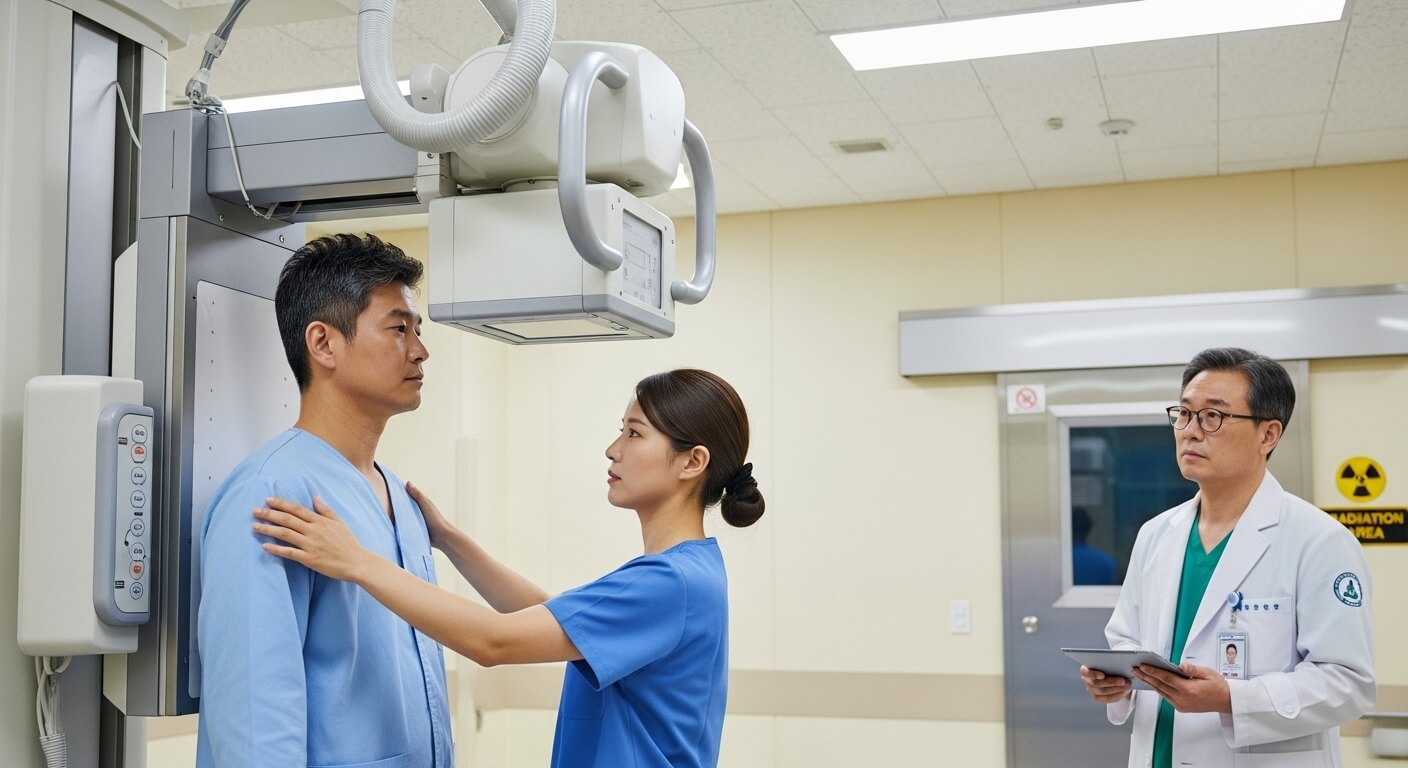 남성 환자가 흉부 엑스레이 촬영을 위해 의료진 안내를 받고 있는 모습