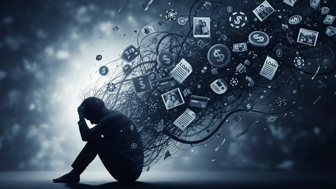 빚과 가족 문제로 고통받으며 절망감에 빠진 사람의 실루엣, 도박 중독이 초래하는 정신적 고통과 고립감을 표현.