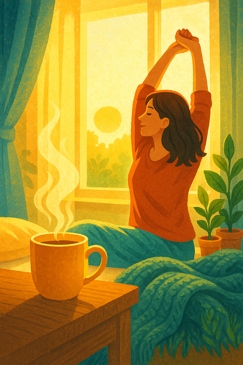 아침 햇살이 비치는 창가에서 스트레칭하는 사람이 따뜻한 차에서 김이 오르는 모습