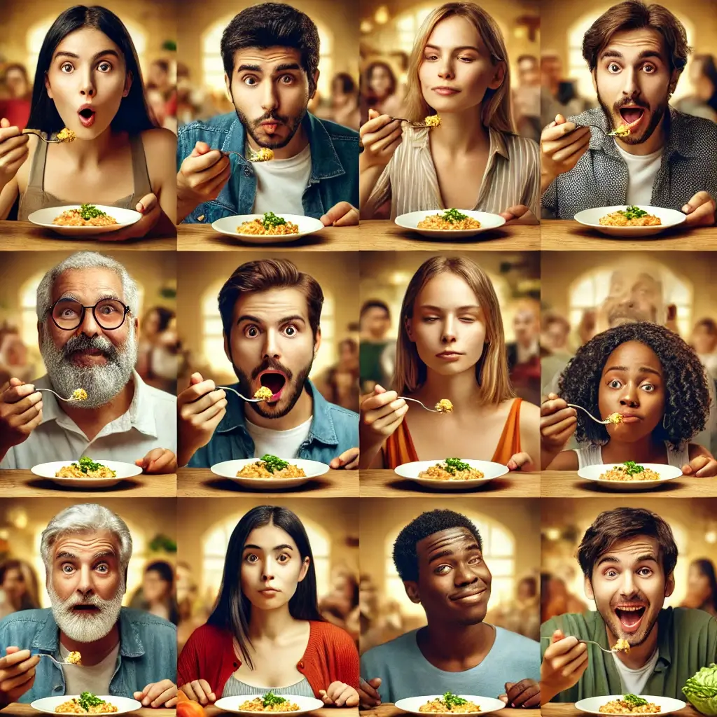 다양한-사람들이-음식을-맛보며-다른-표정을-짓는-모습