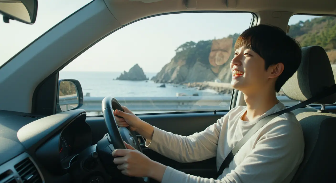 자신의 첫 중고차를 운전하며 자유와 기쁨을 만끽하는 한국인 사회초년생