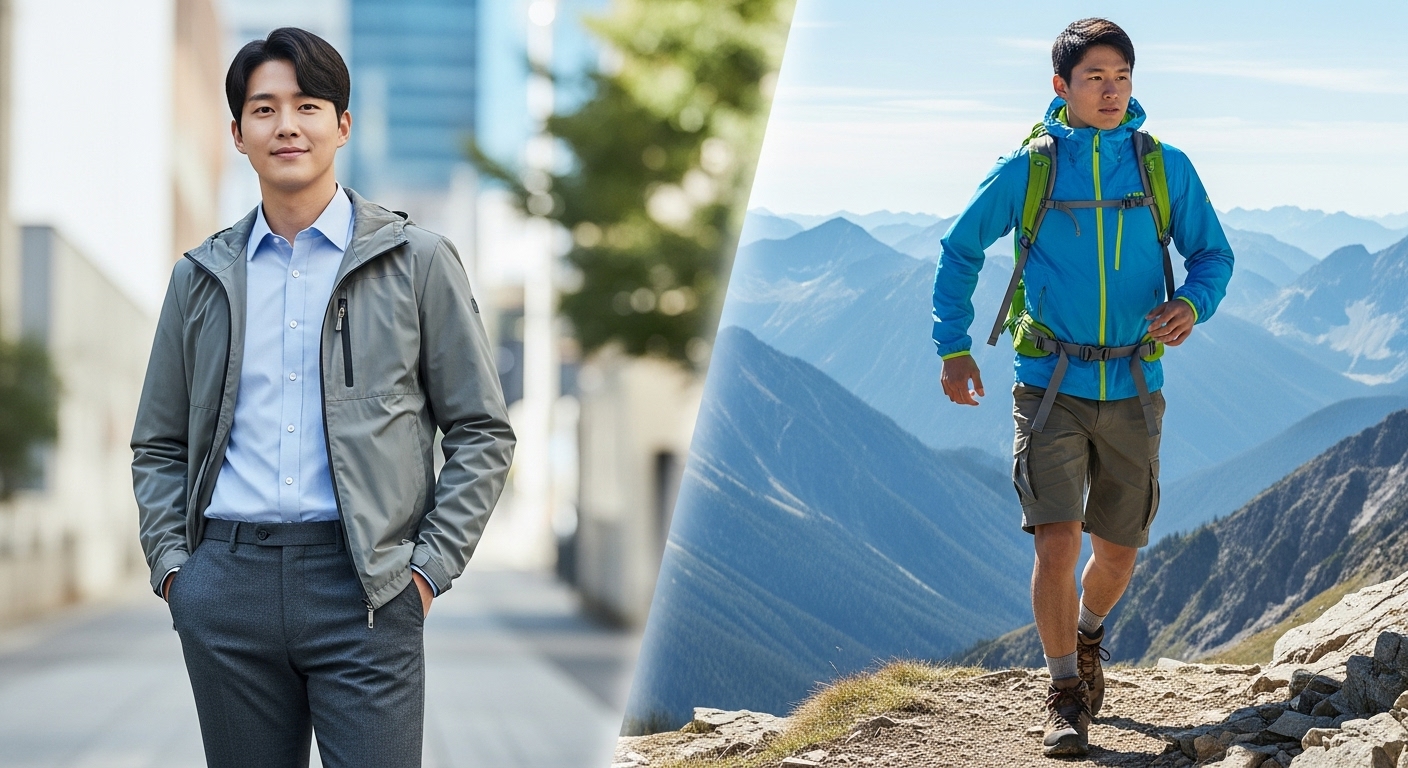 깔끔한 비즈니스 캐주얼 위에 입은 세련된 바람막이와 등산복 위에 입은 기능성 바람막이의 대조
