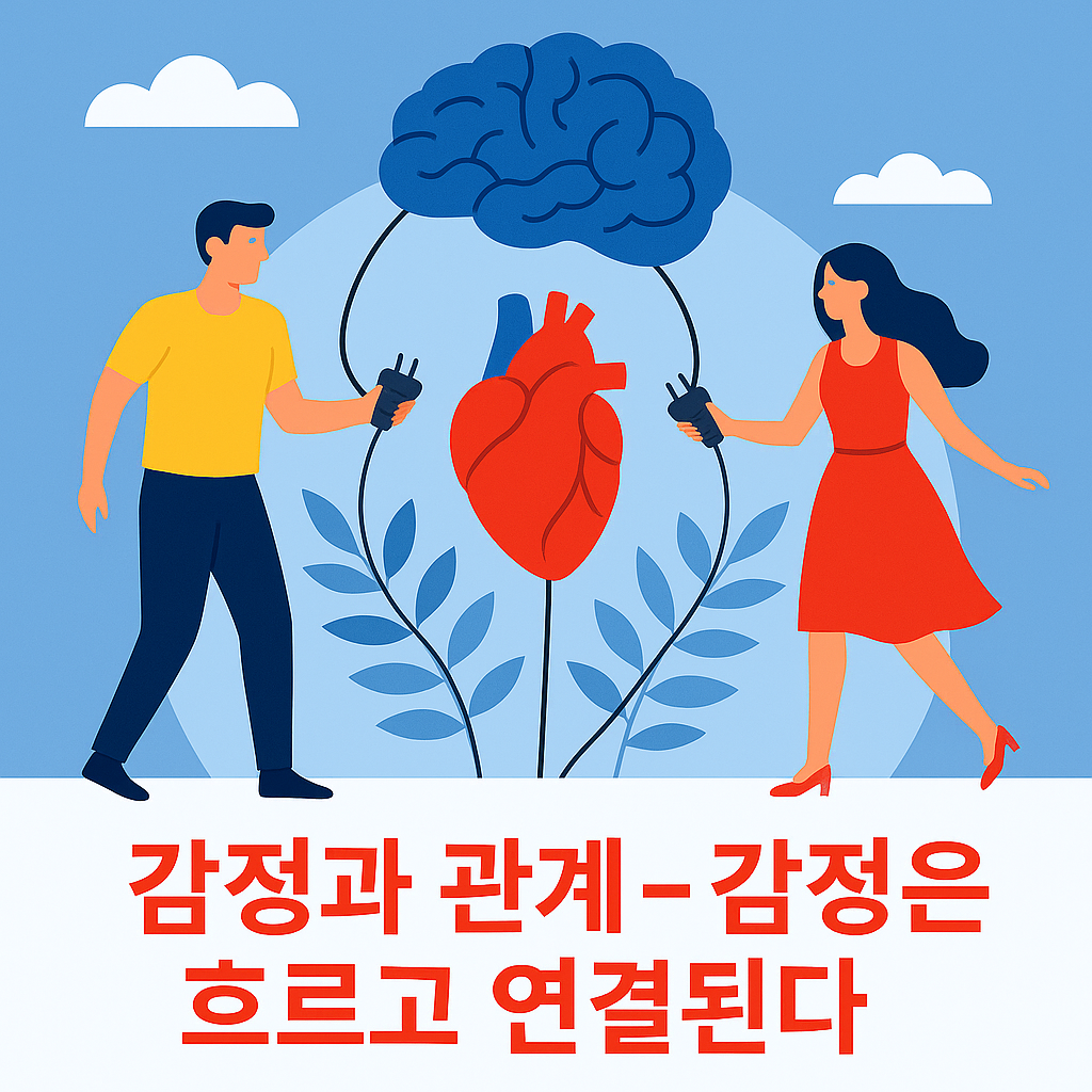 감정과 관계를 상징하는 남녀와 심장, 뇌 연결 일러스트