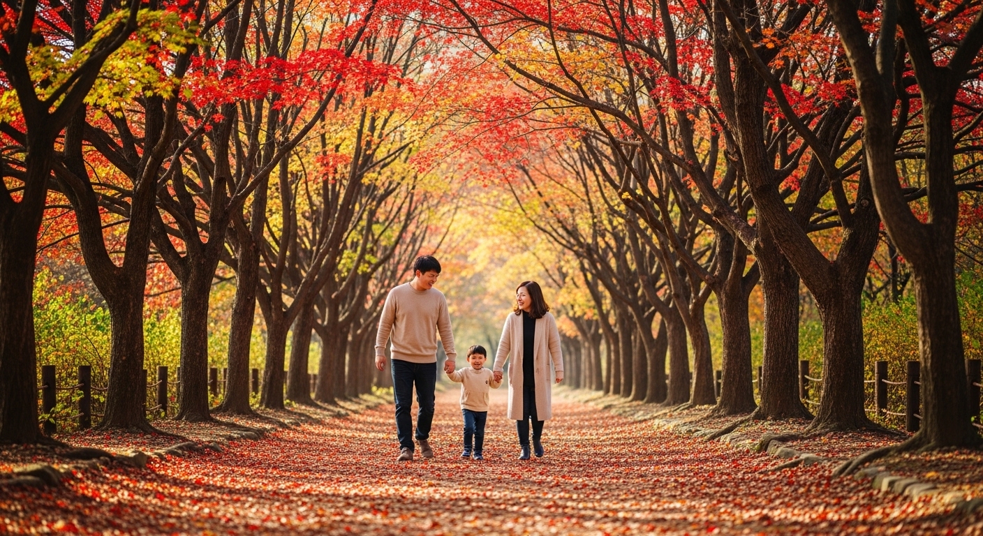 2025년 단풍 시즌, 내장산 단풍 터널을 걷는 행복한 가족의 모습. 붉고 노란 단풍잎이 길을 아름답게 수놓고 있다.