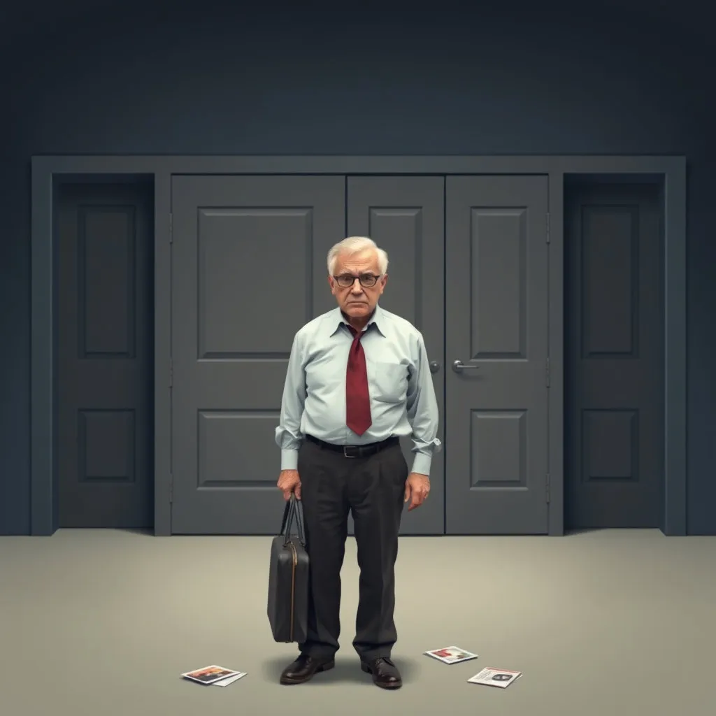 많은 문들 중 굳게 닫혀 있는 문 앞에서 망설이거나 낙담한 표정의 중장년층 구직자.