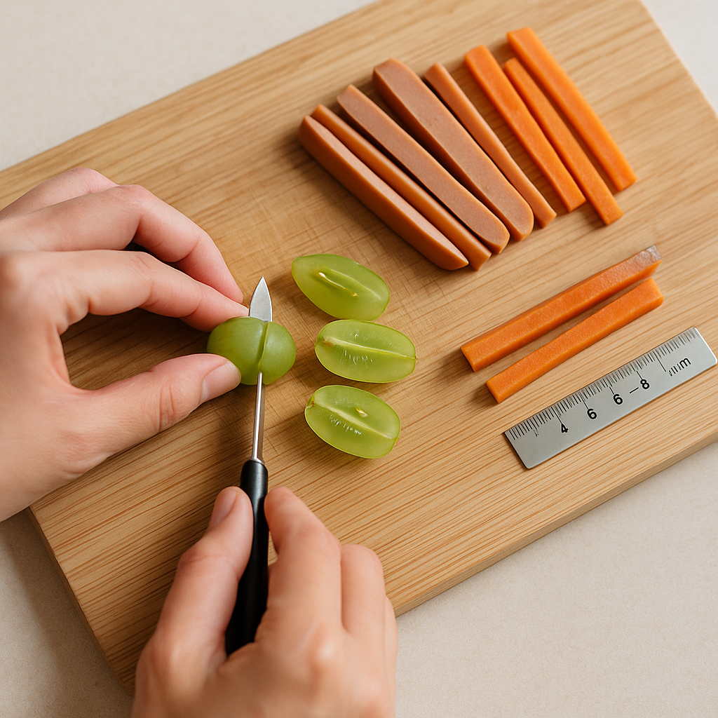 포도 4등분과 세로로 가른 소시지·당근 스틱을 6~8mm 기준으로 손질하는 모습(영유아 질식 예방)