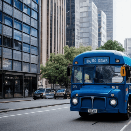 도시속을 순회하고있는 파란색 버스