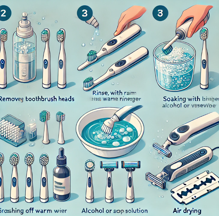 전동 칫솔과 면도기를 분해해 세척하는 모습
