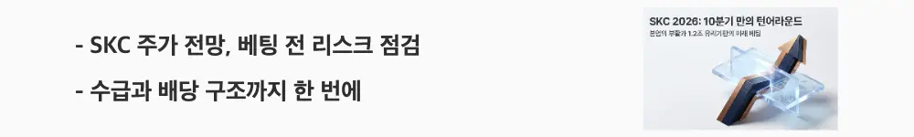 'SKC 주가 전망, 베팅 전 리스크 점검'과 '수급과 배당 구조까지 한 번에'라는 문구가 포함된 웹배너 이미지. 이 이미지는 SKC의 양산 지연과 재무 부담 등 주요 리스크, 지분 수급 구조와 배당 정책을 시각적으로 전달하며, 블로그의 SKC 리스크 점검과 관련된 내용을 설명함