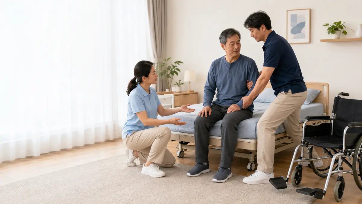 뇌졸중 환자를 침대에서 일으키기 전 보호자와 물리치료사가 안전한 이동을 준비하는 모습