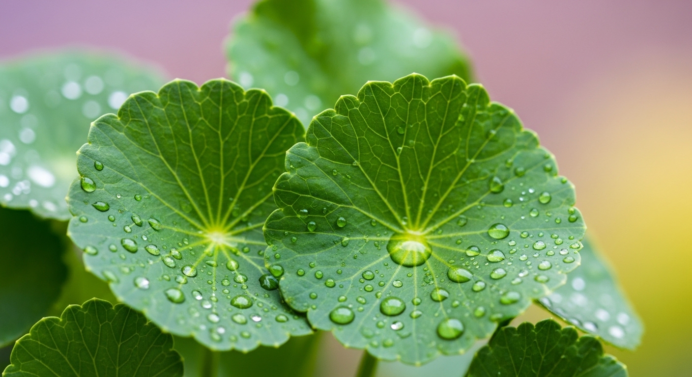 물방울이 맺힌 싱그러운 병풀 잎 클로즈업 이미지로, 시카 크림의 주요 성분을 상징합니다.