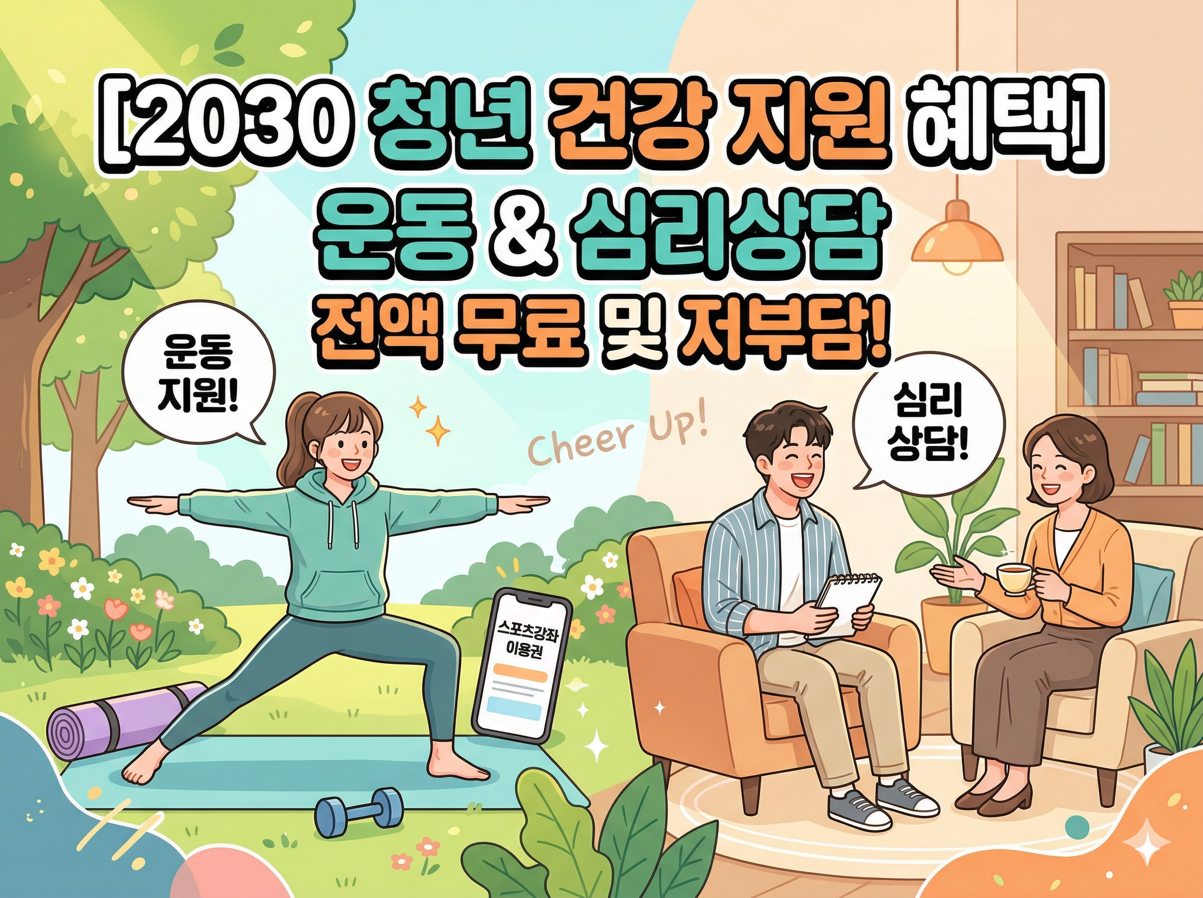 요가와 심리 상담을 즐기며 활짝 웃는 한국 2030 청년들의 모습을 담은 건강 지원 혜택 블로그 썸네일