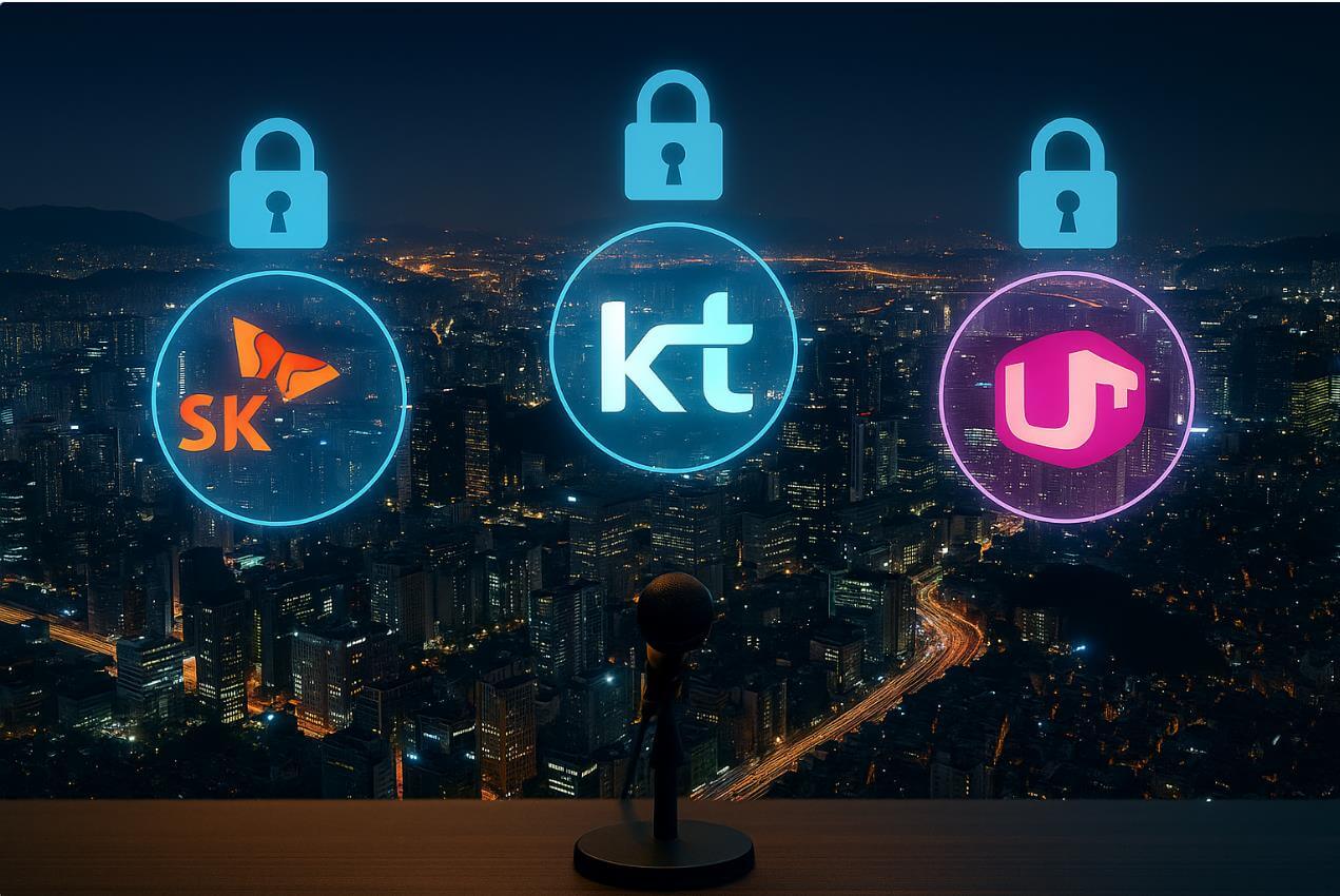 야간 서울 도심 위에 통신 3사 로고와 잠금 아이콘.