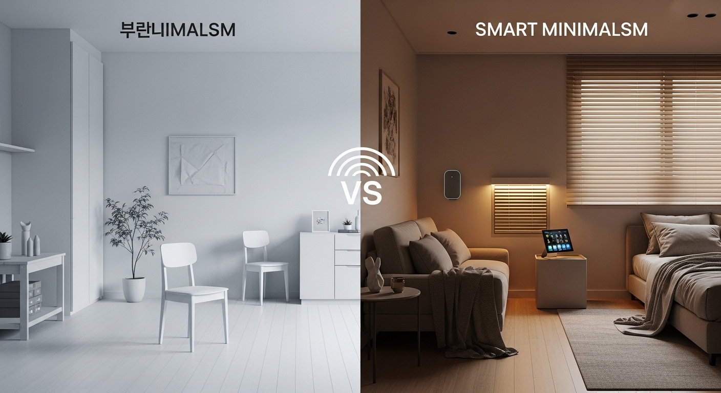 스마트 미니멀리즘과 일반 미니멀리즘의 차이를 시각적으로 보여주는 이미지: 불필요한 것을 비우는 것을 넘어 스마트 기술로 효율성을 더한 공간