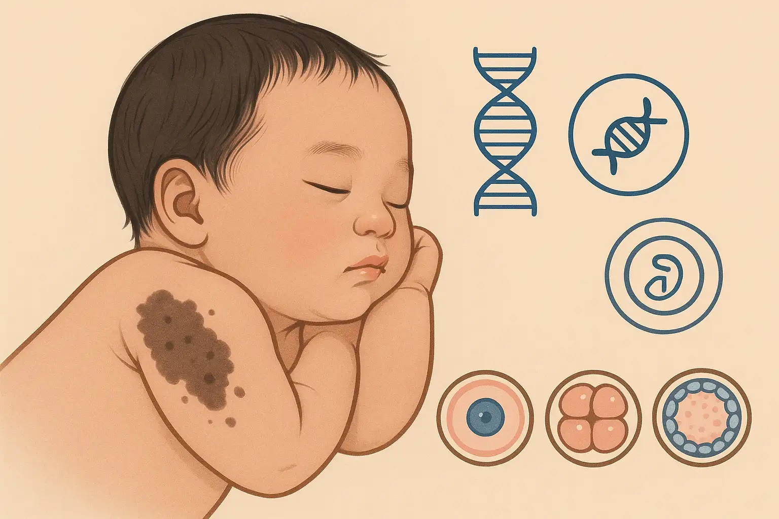 신생아 피부에 나타난 선천성 점, DNA 이중 나선과 유전자 아이콘, 세포 발달 과정