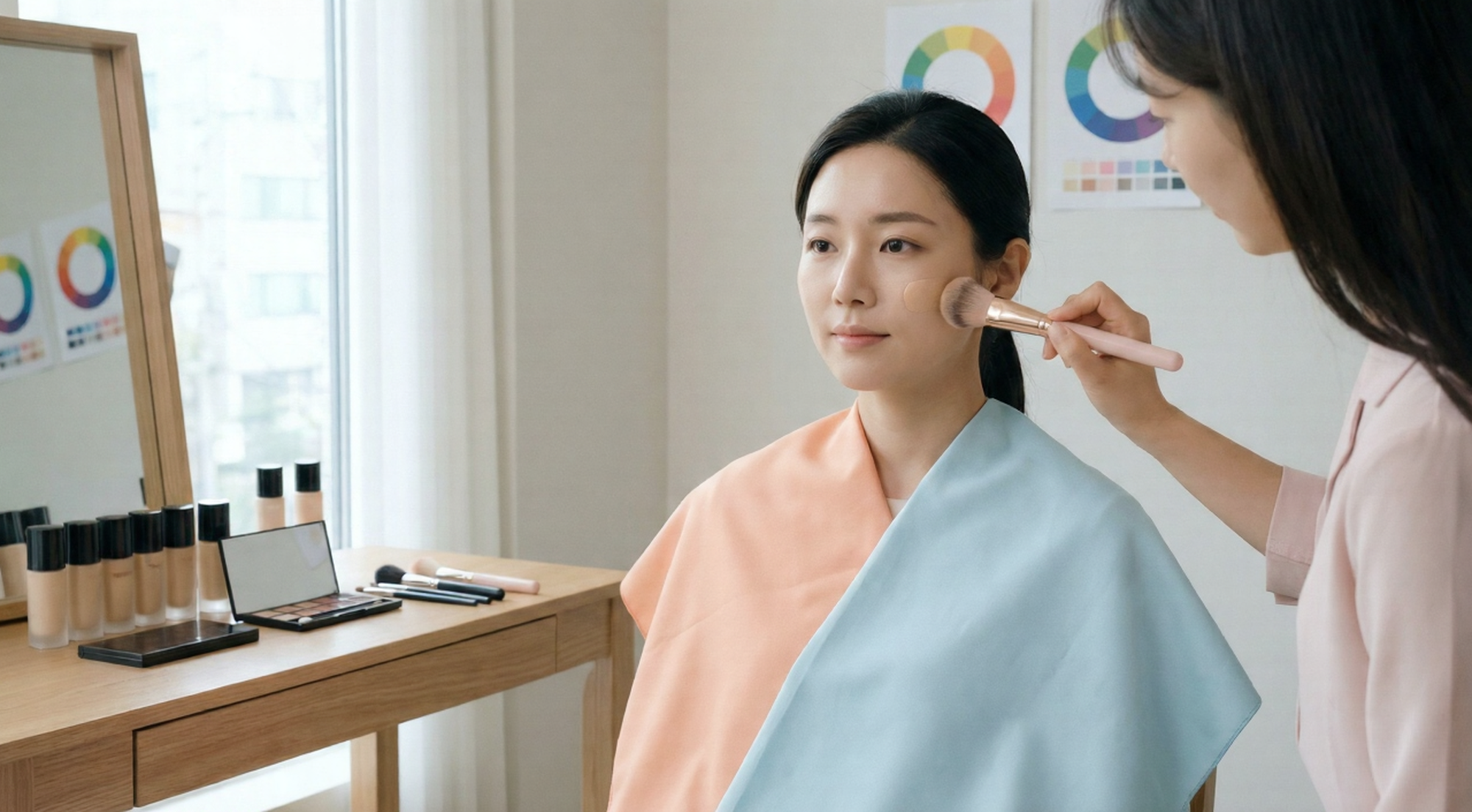 메이크업 아티스트가 웜톤&middot;쿨톤 드레이프를 두른 한국인 모델의 피부톤을 보정하는 장면으로, 컬러 휠과 파운데이션 제품이 함께 보인다.